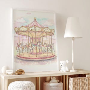 May include: A watercolour painting of a pink and white carousel with horses. The carousel is set against a light blue background with white clouds.