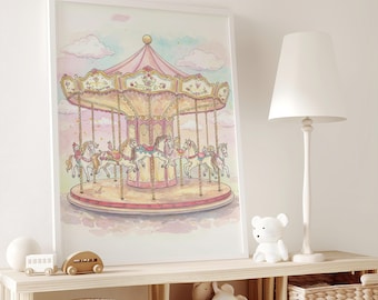 Watercolor Carousel Art Print: Whimsical Nursery Decor, girl room drawing, pink tones art, horses circus playroom (Digital Download)