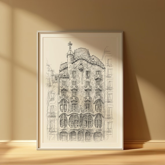 Barcelona Wall Art, Casa Batlló Print, Spanish City Digital Download, line art Architecture, Mediterranean Decor, black and white, travel