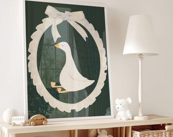 Watercolor Goose Print: Dark Green Nursery Wall Art (Digital Download)