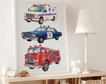 Emergency Vehicle Watercolor Art Print: Kids Room Decor (Digital Download)