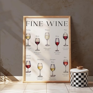 Wine Types Vintage Art Print: Kitchen Bar Decor, red and white wine, bar cart decor, alcohol illustration  (Digital Download)