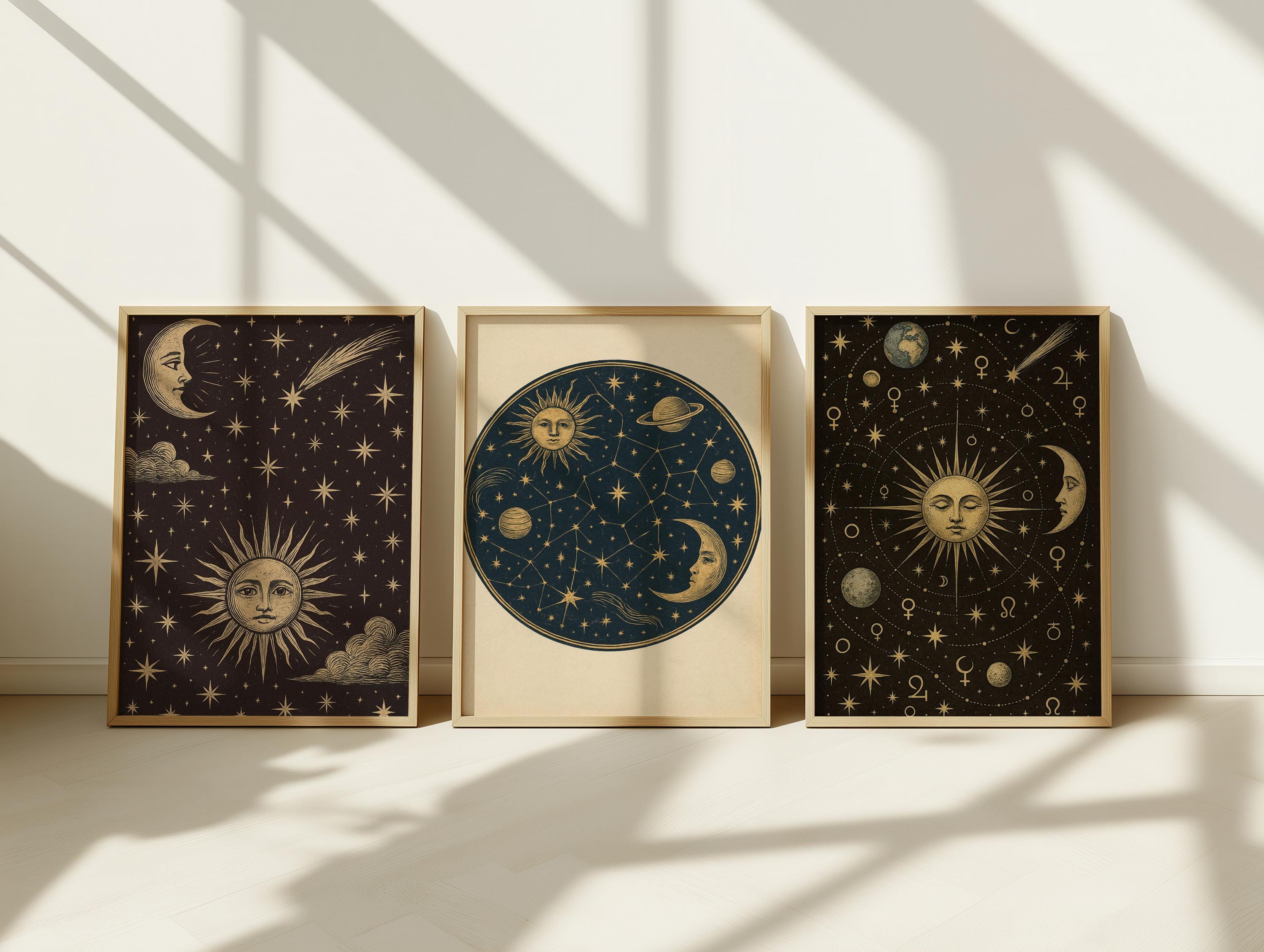 Boho Celestial Art Print | Sun Moon Stars Poster | Mystical Night Sky ...