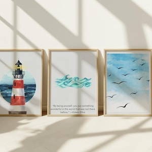 Lighthouse Watercolor Print, Coastal Wall Art, Marine Painting, Nautical Home Decor, Printable, Digital Download set of 3 birds waves gift