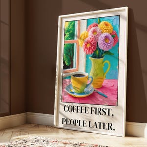 Coffee First, Sztuka ścienna w stylu retro, Sztuka do pobrania, Modny plakat retro, Sztuka ścienna w stylu maksymalistycznym, Wydruk na wózku kawowym, Dekoracja dla miłośników kawy, sztuka kuchenna