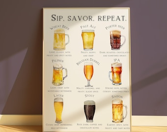 Beer Types Watercolor Art Print: Home Bar Decor (Digital Download)