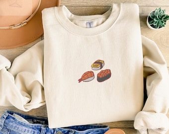 Embroidered sushi trio sweatshirt, Sushi Sweater, Foodie Lover Top