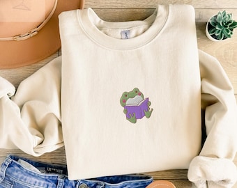 Embroidered frog sweatshirt, Book lover sweater, Reading Frog Top