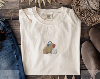Embroidered Capybara T-Shirt, Minimalist Animal Top, Casual Unisex Summer Tee