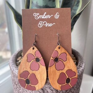 Mauve Flower Wood-Burned Earrings