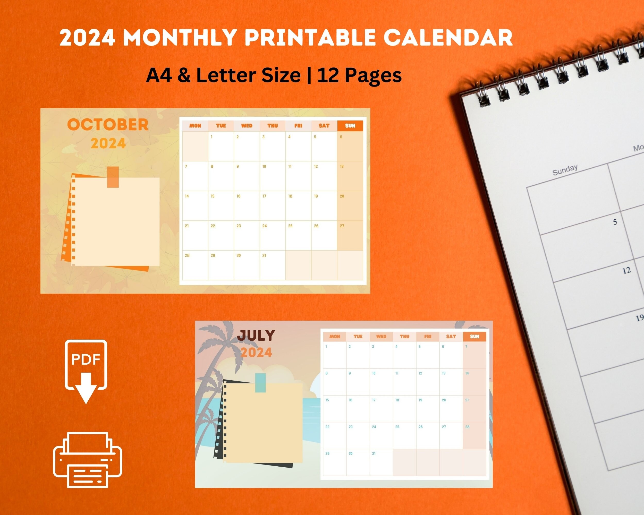 2024 Monthly Printable Calendar A4 Landscape - Etsy
