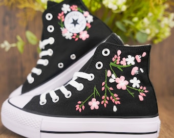 Custom Converse Embroidery Chuck Taylor,Peach Blossom Handmade Personalized Sneakers,Floral Embroidered Gift Art,Unique Customized Design