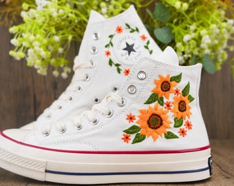 Custom Converse Chuck Taylor Embroidered, Embroidered Wedding Sneakers,Bridal Flowers Embroidered Shoes, Personalized Sunflower Sneakers