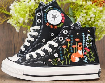 Custom Embroidered Converse High Tops 1970s, Fox Embroidered Converse Shoes, Fox and Flowers Embroidered Sneakers, Funny Halloween Gifts