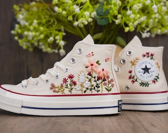 Custom Converse Chuck Taylor Embroidered,Custom Embroidered Wedding Sneakers,Bridal Flowers Embroidered Shoes,Personalized Bride Sneakers