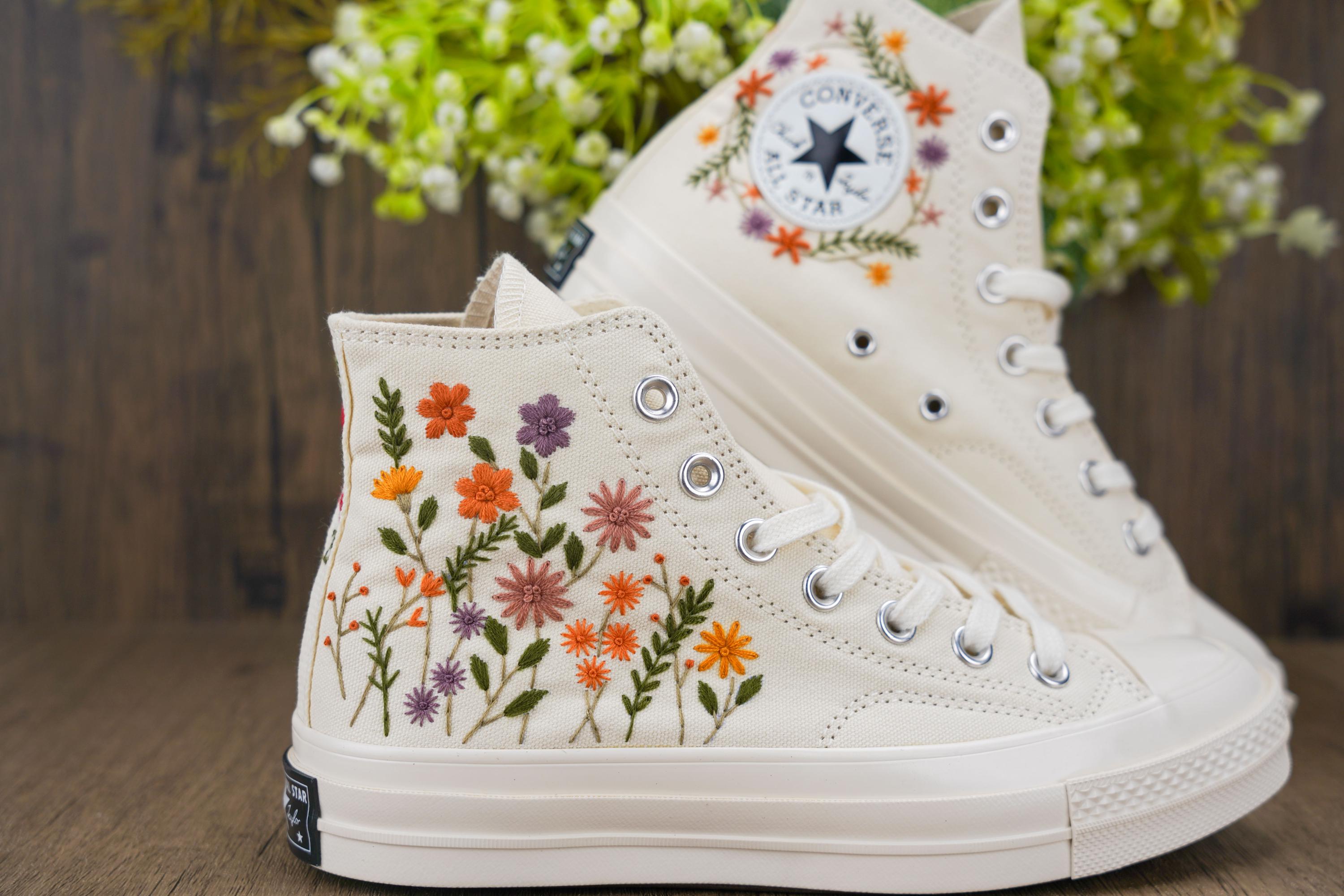 Custom Converse Chuck Taylor Embroidered,Custom Embroidered Wedding Sneakers,Bridal Flowers Embroidered Shoes,Personalized Bride Sneakers