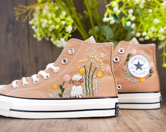 Custom Embroidered Converse High Tops 1970s, Converse Embroidery Personalized Sheep Custom Handmade Sneaker Art, Unique Design Gift