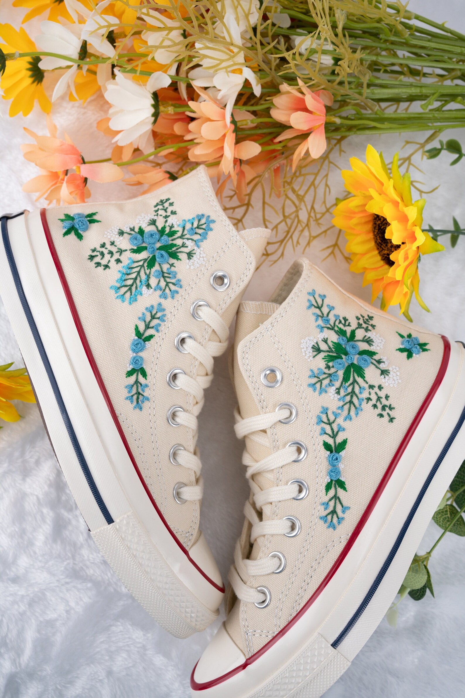 Custom Embroidered Wedding Sneakers, Bridal Flowers Embroidered Shoes ...