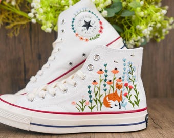 Custom Embroidered Converse High Tops 1970s, Fox Embroidered Converse Shoes, Fox and Flowers Embroidered Sneakers, Funny Halloween Gifts