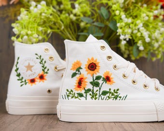 Custom Converse Chuck Taylor Embroidered, Embroidered Wedding Sneakers,Bridal Flowers Embroidered Shoes, Personalized Sunflower Sneakers