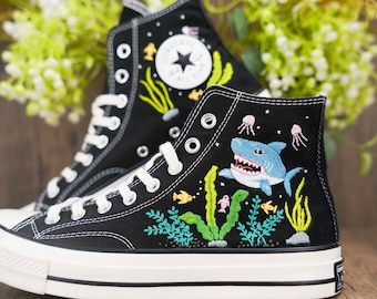 Whale Shark Embroidered Converse Custom, Whale Shark Embroidered Sneaker, Ocean Vibes Embroidered, Shark Embroidered Shoes Custom