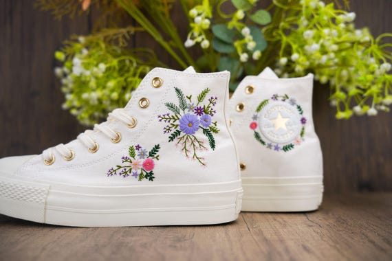 Custom Embroidered Floral Converse Platform Sneakers Bridal