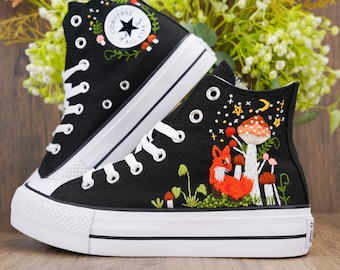 Custom Embroidered Converse High Tops 1970s, Fox Embroidered Converse Shoes, Fox and Flowers Embroidered Sneakers, Funny Halloween Gifts
