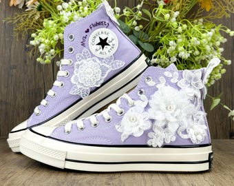 Custom Embroidered Converse High Tops, Bridal Wedding Sneakers, Lace Floral Bride Shoes