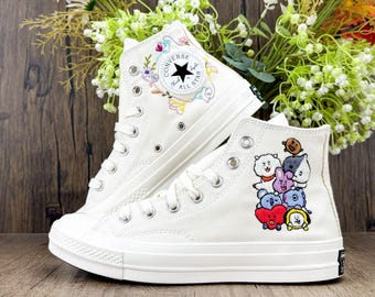 Converse Low Tops Music Band Embroidery, Custom Embroidered Kpop Singer Chucks, Hand Embroidered Cartoon Character Shoes, Baby Cooky & Tata