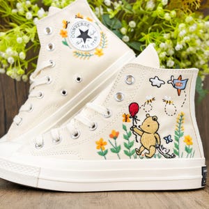 Custom Pooh Embroidered Converse, Bear Embroidered, Po.oh Honey Bear Embroidered Sneaker,Winnie the Pooh with balloon,Cartoon Converse