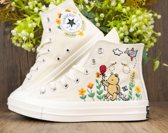 Custom Pooh Embroidered Converse, Bear Embroidered, Po.oh Honey Bear Embroidered Sneaker,Winnie the Pooh with balloon,Cartoon Converse