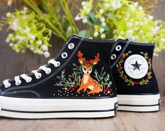 Personalized Embroidered Converse Shoes: Handmade Christmas Deer Design