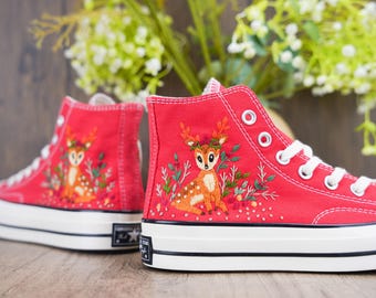 Personalized Embroidered Converse Shoes: Handmade Deer Design