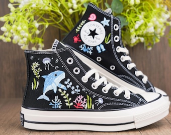 Custom Embroidered Converse High Tops, Custom Converse Chuck Taylor 1970s dolphin Embroidered, Ocean Embroidered Shoes Custom, Ocean Gifts