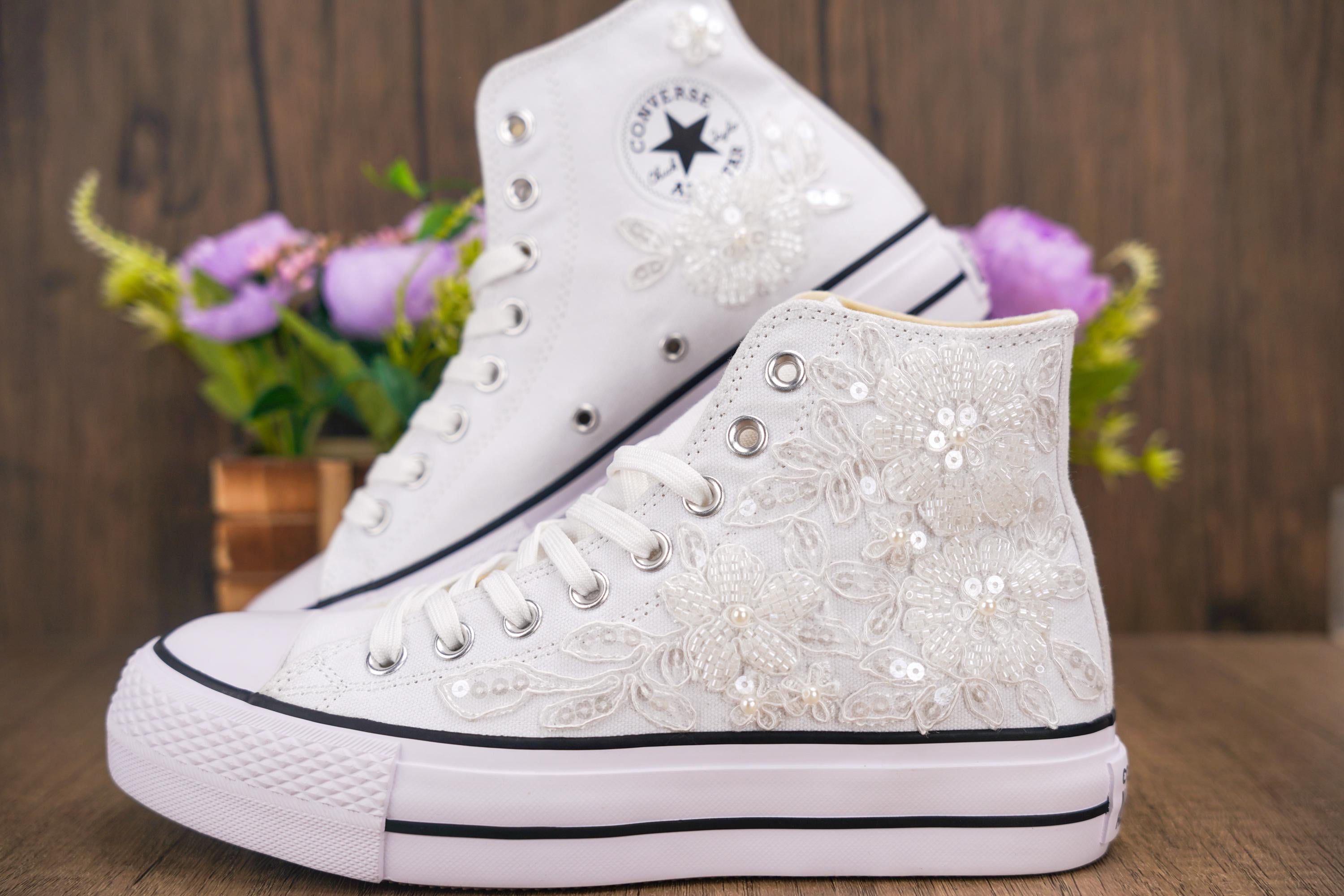 Embroidered Wedding Converse High Tops: Custom Bridal Sneakers