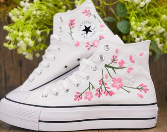 Custom Converse Embroidery Chuck Taylor,Peach Blossom Handmade Personalized Sneakers,Floral Embroidered Gift Art,Unique Customized Design