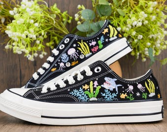 Shark Embroidered Converse Custom, Whale Shark Embroidered Sneaker, Ocean Vibes Embroidered, Shark Embroidered Shoes Custom,low top shark