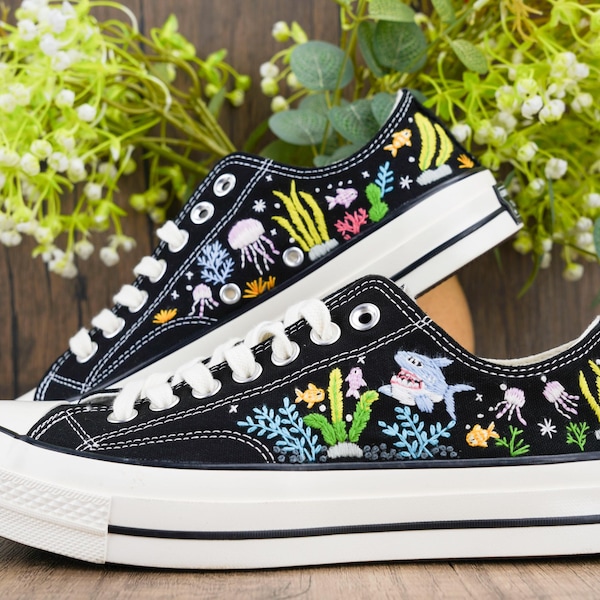 Shark Embroidered Converse Custom, Whale Shark Embroidered Sneaker, Ocean Vibes Embroidered, Shark Embroidered Shoes Custom,low top shark