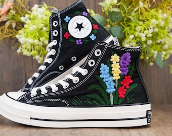 Custom Converse Chuck Taylor Embroidered,Custom Embroidered Wedding Sneakers,Bridal Flowers shoes,Bluebonnet Embroidered, Lupine Embroidered