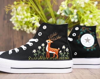Custom Embroidered Converse Shoes: Handmade Deer & Floral Sneakers