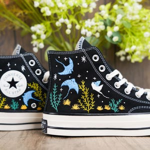 Custom Embroidered Converse High Tops: Manta Ray Ocean Shoes
