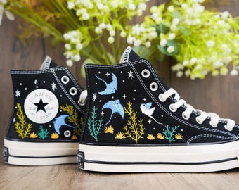 Custom Embroidered Converse High Tops, Custom Converse Chuck Taylor 1970s Manta Ray Embroidered, Ocean Embroidered Shoes Custom, Ocean Gifts