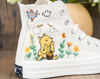 Custom Pooh Embroidered Converse, Bear Embroidered, Po.oh Honey Bear Embroidered Sneaker,Winnie the Pooh with bee,Cartoon Converse