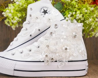 Wedding Converse High Top, Custom Converse shoes, Lace High Top Converse For Bride, Bridal Sneakers, Converse Wedding Shoes,Bridal Converse