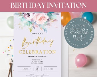 LADIES BIRTHDAY INVITATION Flowers -Elegant-  Girls Invite - Digital File- Easy Editing-Printable Template - Mixed flowers- Pastel floral