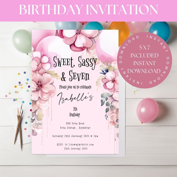Sweet And Seven Birthday Invitation Girl | Kids Birthday | Instant Download | Editable Template- Email or Print - Sweet Sassy and Seven