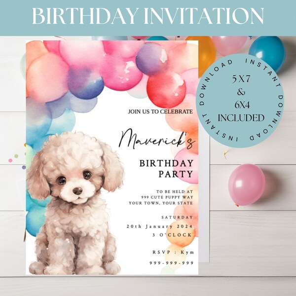 Puppies Invitation | Instant Download | Dog Birthday Party Invitation | Pet Party Invitation | Puppy Party| Puppy Pawty | Cute Poodle Puppy