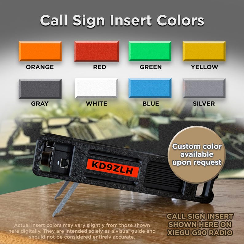 May include: A black Xiegu G90 radio faceplate featuring a customizable call sign insert labeled KD9ZLH. The image displays a color chart with orange, red, green, yellow, gray, white, blue, and silver options, plus a custom color request note.