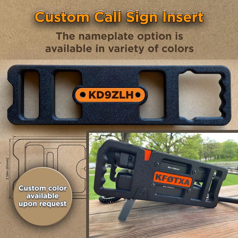 May include: A black rectangular frame with cutouts and an orange insert labeled KD9ZLH. A second black frame features an orange insert labeled KF0TXA. A technical drawing shows a height of 2.56 inches. Text reads Custom Call Sign Insert.