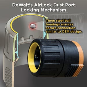 Puede incluir: Ilustraci&oacute;n del mecanismo de bloqueo del puerto de polvo AirLock de DeWalt. La imagen muestra una vista seccionada del mecanismo, destacando tres rodamientos de bolas de acero para una conexi&oacute;n segura. El dise&ntilde;o incluye componentes negros y amarillos.